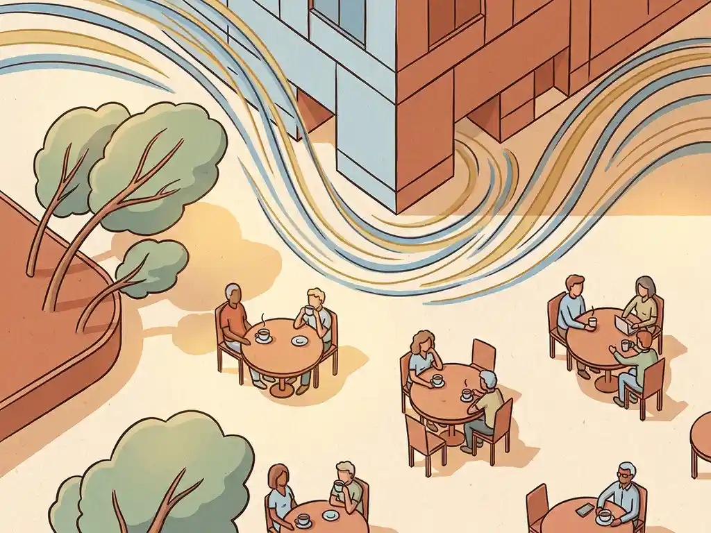 Illustrated urban plaza with people at outdoor café tables, wind streamlines curving around a modern building in warm terracotta and sky blue tones.