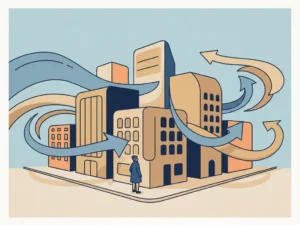 Curved wind streamlines flowing around urban city blocks with a small human figure at street level showing scale, flat vector illustration.