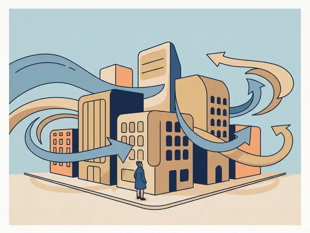 Curved wind streamlines flowing around urban city blocks with a small human figure at street level showing scale, flat vector illustration.
