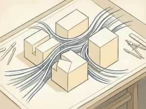 Three architectural scale models on a drafting table with navy blue airflow ribbons curving around cream geometric building blocks.