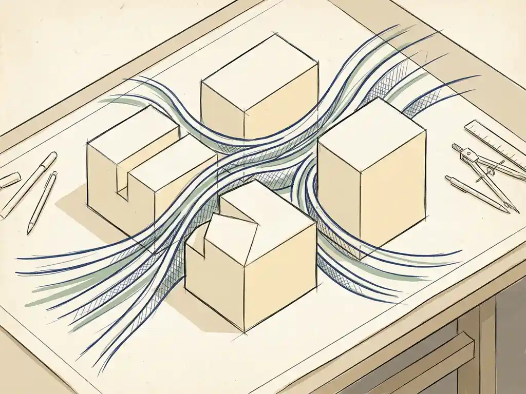 Three architectural scale models on a drafting table with navy blue airflow ribbons curving around cream geometric building blocks.