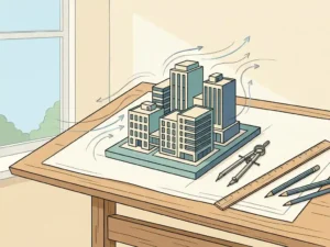 Architectural scale model of urban buildings on a drafting table with hand-drawn wind airflow streamlines, compass, and ruler in soft studio light.