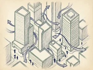 Architectural sketch of wind streamlines curving around modern urban buildings in isometric view, with pedestrian silhouettes at street level.