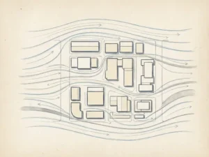 Wind streamlines and velocity arrows flowing around an urban building cluster, hand-drafted illustration on drafting paper in blue, ivory, and grey.