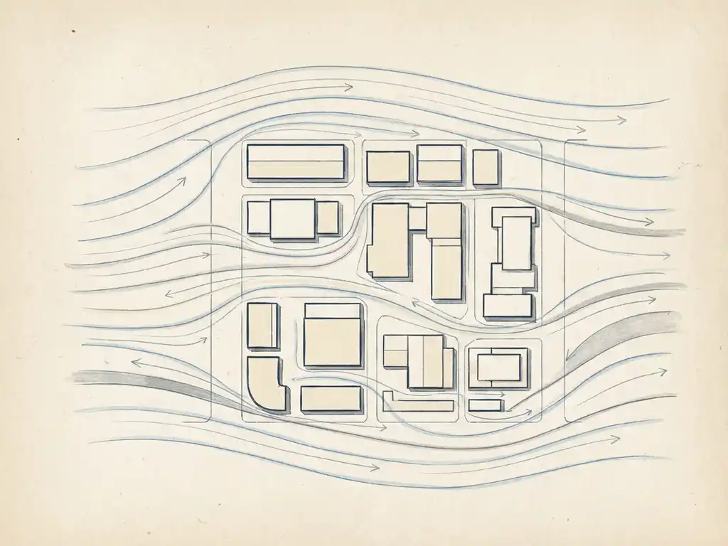 Wind streamlines and velocity arrows flowing around an urban building cluster, hand-drafted illustration on drafting paper in blue, ivory, and grey.