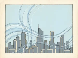 Architect's hand-drafted building elevation with elegant wind streamlines curving over an urban skyline in soft blue, ivory, and slate grey.