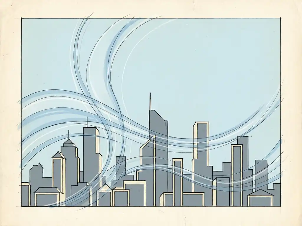 Architect's hand-drafted building elevation with elegant wind streamlines curving over an urban skyline in soft blue, ivory, and slate grey.