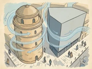 Illustrated rounded tower and angular building side by side, wind streamlines swirling around facades with pedestrians walking calmly at street level.