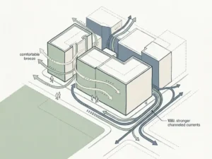 Hand-drawn illustration of wind streamlines flowing around urban buildings, showing gentle pedestrian-level breeze and stronger channeled currents at a street corner.