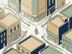 Wind streamlines curving through pedestrian-level urban streets between isometric building blocks, with a human figure showing street-scale airflow.
