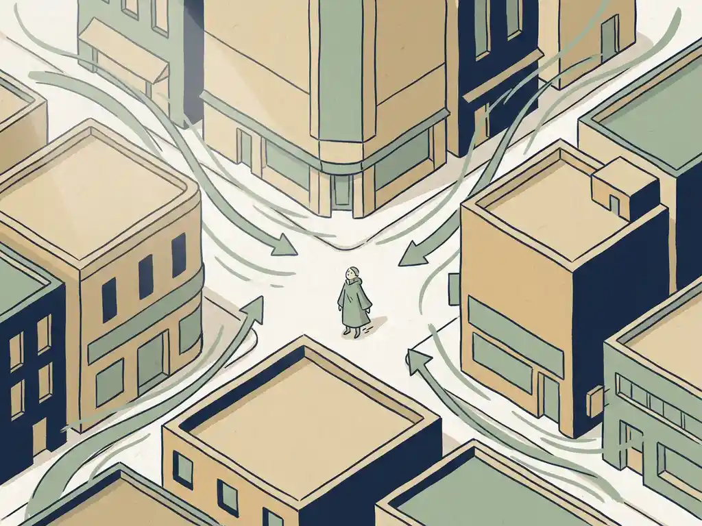 Wind streamlines curving through pedestrian-level urban streets between isometric building blocks, with a human figure showing street-scale airflow.