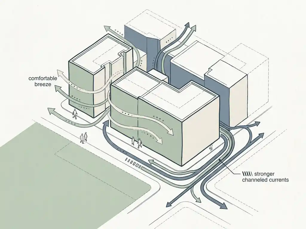 Hand-drawn illustration of wind streamlines flowing around urban buildings, showing gentle pedestrian-level breeze and stronger channeled currents at a street corner.
