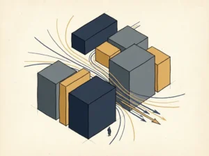 Isometric illustration of urban building clusters with streamlines accelerating through a narrow street-level gap, small human figure for scale.