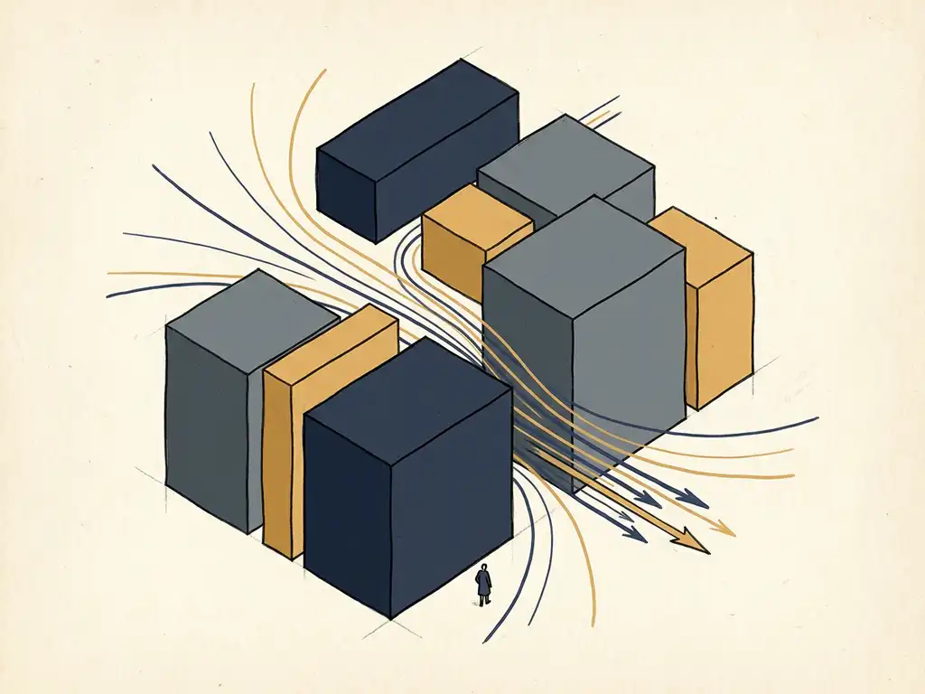 Isometric illustration of urban building clusters with streamlines accelerating through a narrow street-level gap, small human figure for scale.