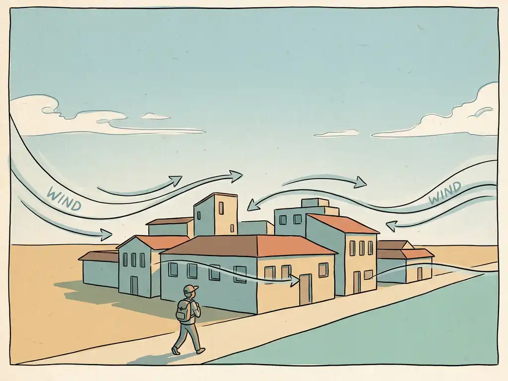 Wind streamlines curving around a city block with low-rise buildings and a pedestrian below, illustrating gentle urban airflow patterns.