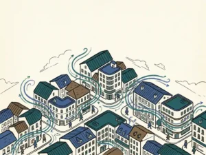 Isometric illustration of urban wind flow curving around varied-height city buildings, with pedestrians at street level on a warm ivory background.