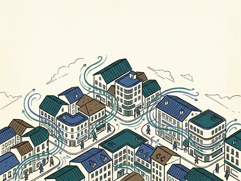 Isometric illustration of urban wind flow curving around varied-height city buildings, with pedestrians at street level on a warm ivory background.