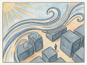 Wind streamlines curving around city buildings at pedestrian level, with a small human figure showing urban airflow scale.