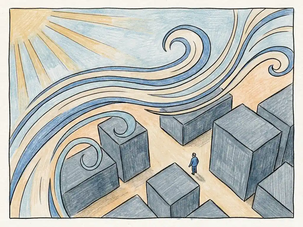 Wind streamlines curving around city buildings at pedestrian level, with a small human figure showing urban airflow scale.