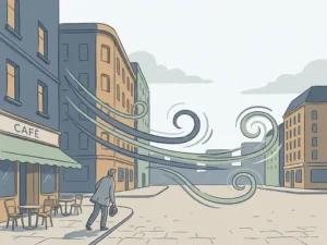 Wind funneling between city buildings into an urban square, with a pedestrian leaning into the breeze near a café terrace.