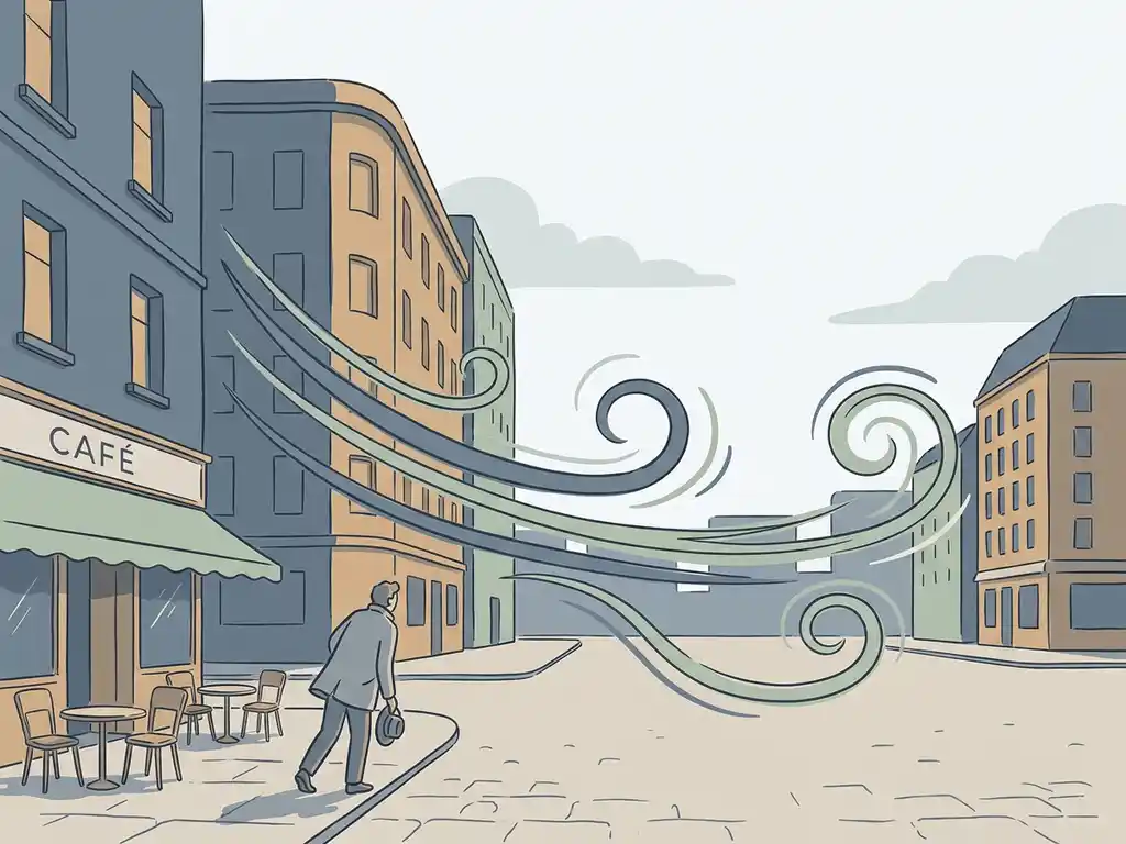 Wind funneling between city buildings into an urban square, with a pedestrian leaning into the breeze near a café terrace.