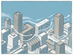 Wind streamlines flowing around and between varied-height city buildings in an isometric illustration, showing urban airflow patterns.