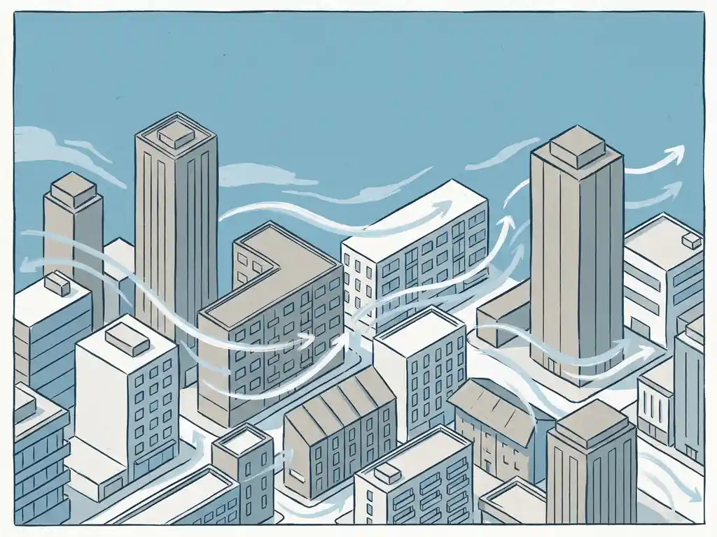 Wind streamlines flowing around and between varied-height city buildings in an isometric illustration, showing urban airflow patterns.