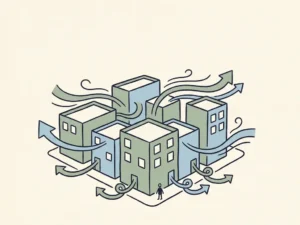 Wind streamlines curving around a city block at pedestrian level, with a small human figure showing scale, in sage green and sky blue tones.