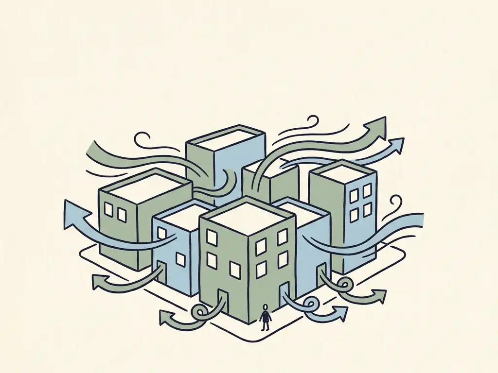 Wind streamlines curving around a city block at pedestrian level, with a small human figure showing scale, in sage green and sky blue tones.