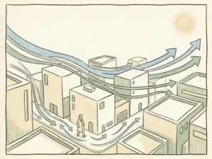 Wind streamlines curving around geometric urban buildings at pedestrian level, with a calm figure walking through city airflow.