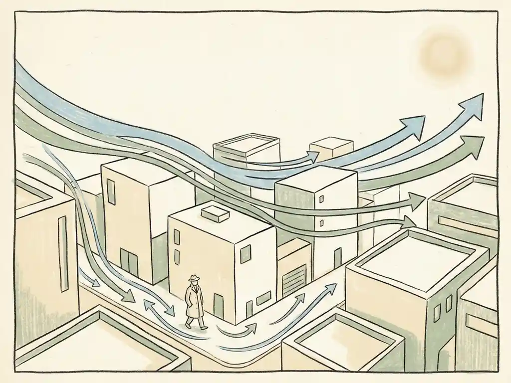 Wind streamlines curving around geometric urban buildings at pedestrian level, with a calm figure walking through city airflow.