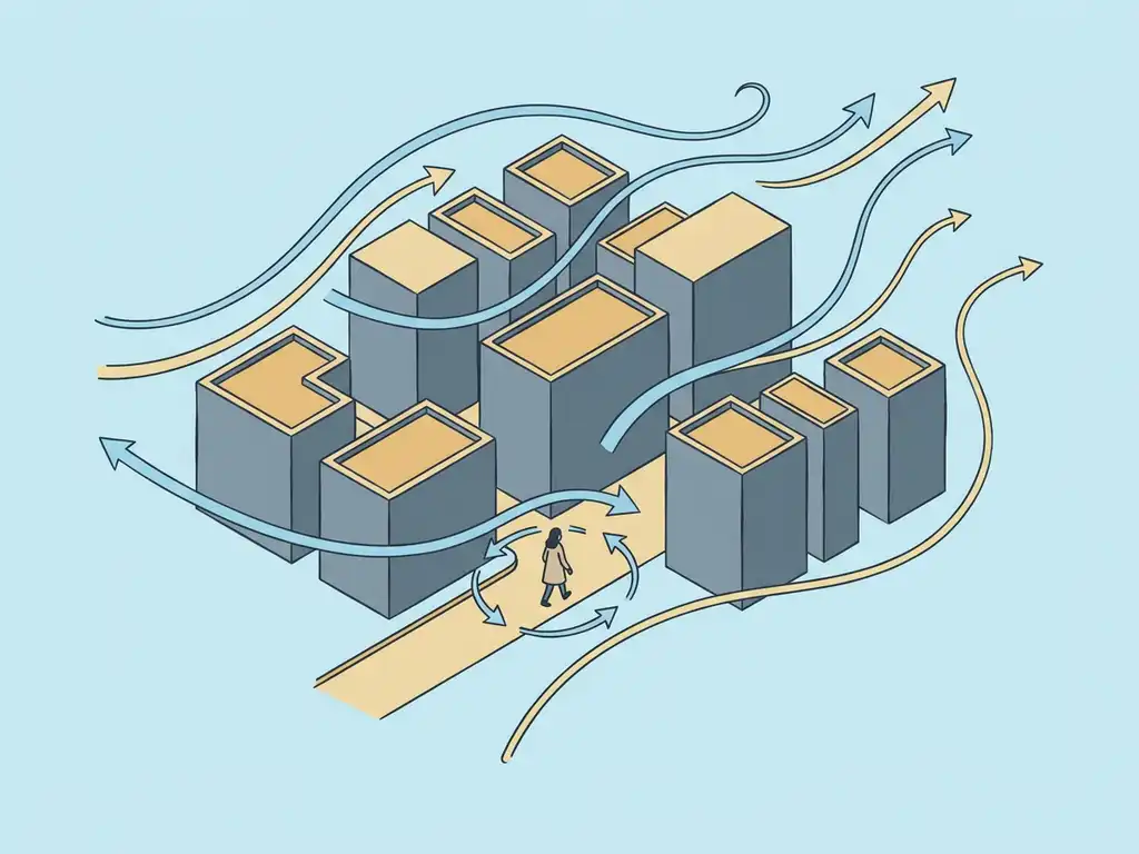Isometric illustration of wind streamlines curving around city blocks at pedestrian height, with a lone figure walking through flowing air currents.