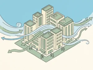Wind streamlines curving around an isometric city block with pedestrians, illustrating gentle urban airflow patterns in soft blue and ivory tones.
