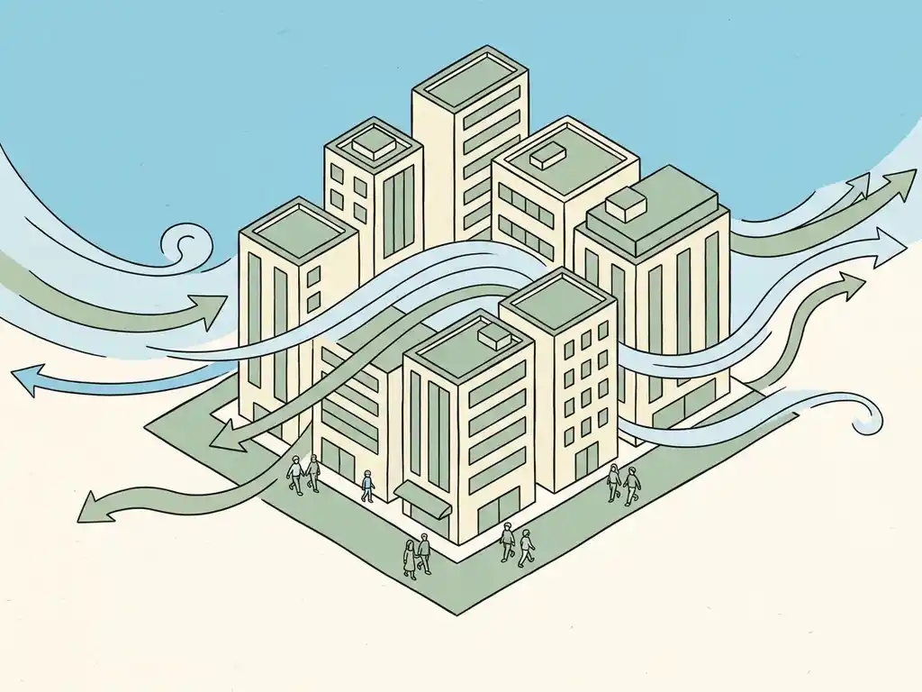 Wind streamlines curving around an isometric city block with pedestrians, illustrating gentle urban airflow patterns in soft blue and ivory tones.