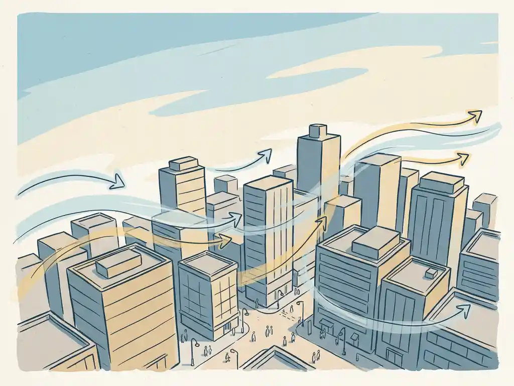 Wind streamlines curving between urban skyscrapers and low-rise buildings, with arrows showing airflow around corners above a pedestrian plaza.