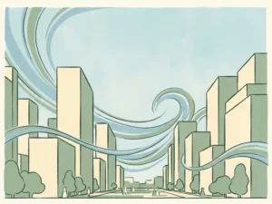 Wind streamlines flowing between tall city buildings over a pedestrian plaza with trees, illustrated in sage green, ivory, and sky blue.
