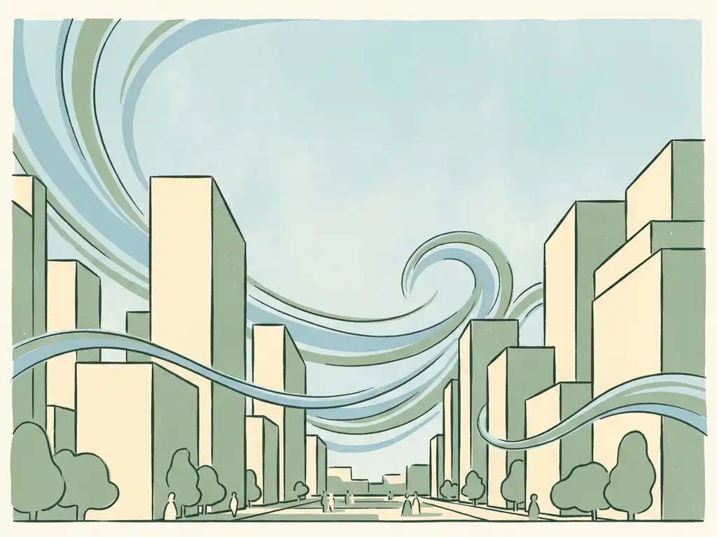 Wind streamlines flowing between tall city buildings over a pedestrian plaza with trees, illustrated in sage green, ivory, and sky blue.