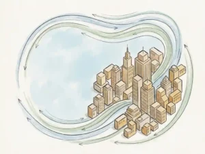 Wind flow streamlines curving around an isometric city skyline, illustrating urban airflow patterns through building clusters and street canyons.