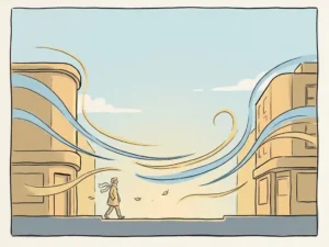 Illustrated city street cross-section with wind streamlines curving around building facades, pedestrian walking with scarf drifting in urban breeze.