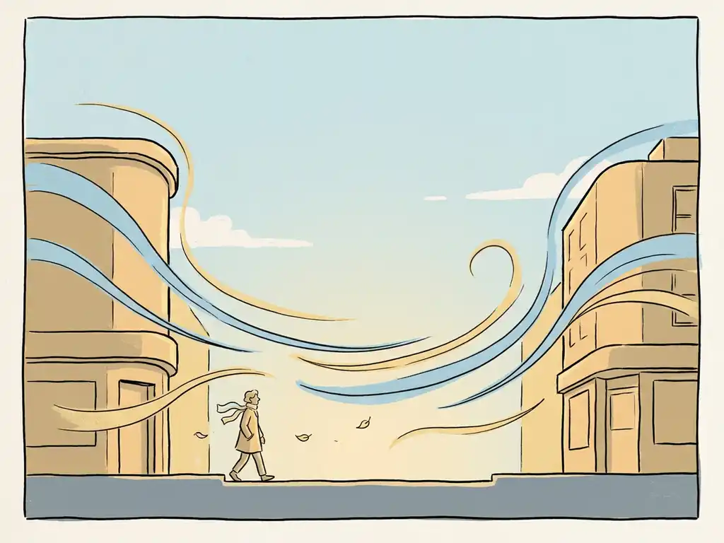 Illustrated city street cross-section with wind streamlines curving around building facades, pedestrian walking with scarf drifting in urban breeze.