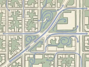Hand-drawn city street grid with wind streamlines flowing between building blocks, showing smooth airflow channels and gentle eddies in sage green, ivory, and cobalt blue.