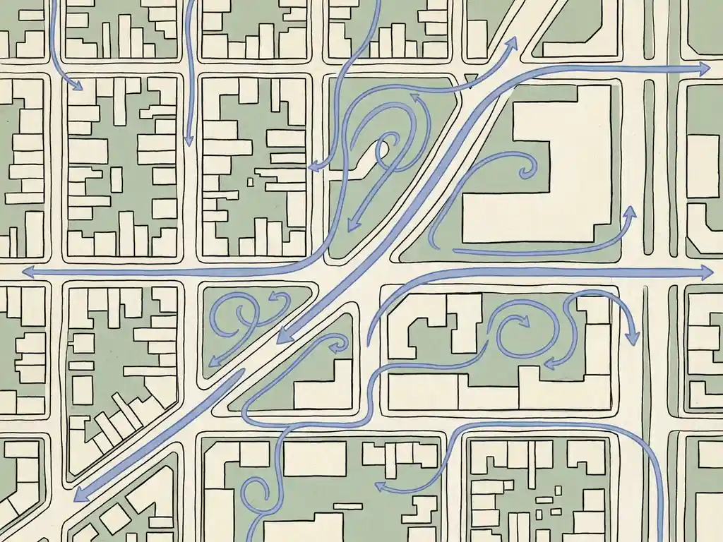 Hand-drawn city street grid with wind streamlines flowing between building blocks, showing smooth airflow channels and gentle eddies in sage green, ivory, and cobalt blue.