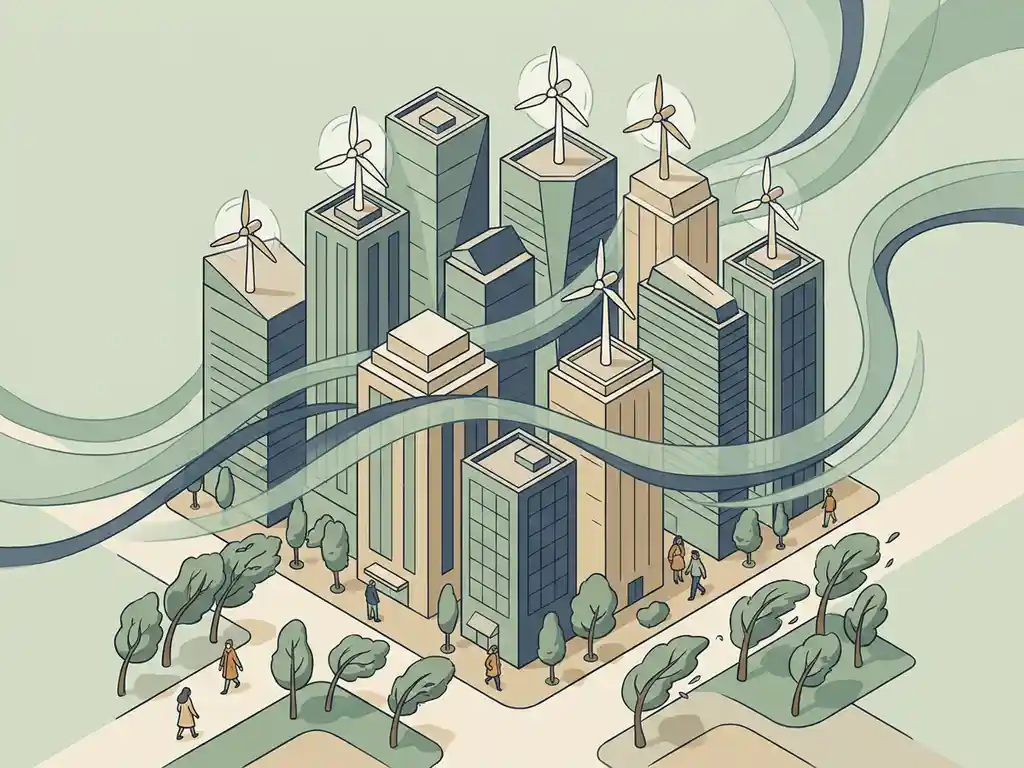 Wind streamlines flowing around urban buildings with rooftop turbines, pedestrians, and bending trees in an isometric city illustration.