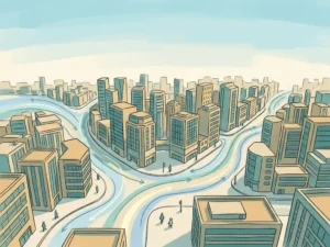 Aerial illustration of urban wind flow patterns with teal streamlines curving between modern city buildings and pedestrians at street level.