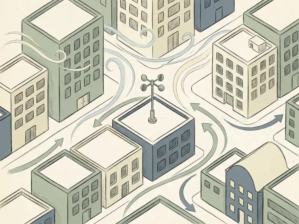 Isometric illustration of a miniature cityscape with wind streamlines curving between blocky buildings and a rooftop anemometer measuring airflow.