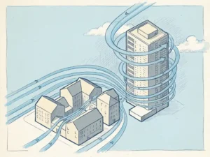Wind streamlines curving around low-rise buildings and channeling upward along a tall high-rise tower, architectural illustration in blue, ivory, and grey.
