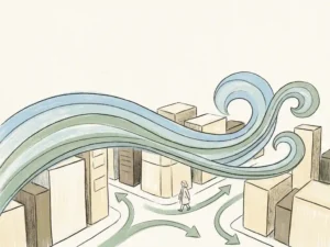 Wind streamlines curving around urban buildings at street level, with a pedestrian walking calmly through a comfortable airflow zone.