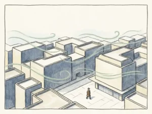 Wind streamlines curving around isometric urban buildings as a pedestrian walks through an open plaza in sage green and slate blue tones.