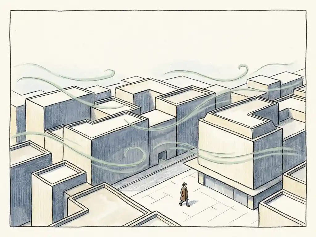 Wind streamlines curving around isometric urban buildings as a pedestrian walks through an open plaza in sage green and slate blue tones.