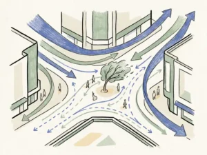 Wind streamlines curving around an urban plaza at pedestrian height, with small figures and a gently bending tree in sage green tones.